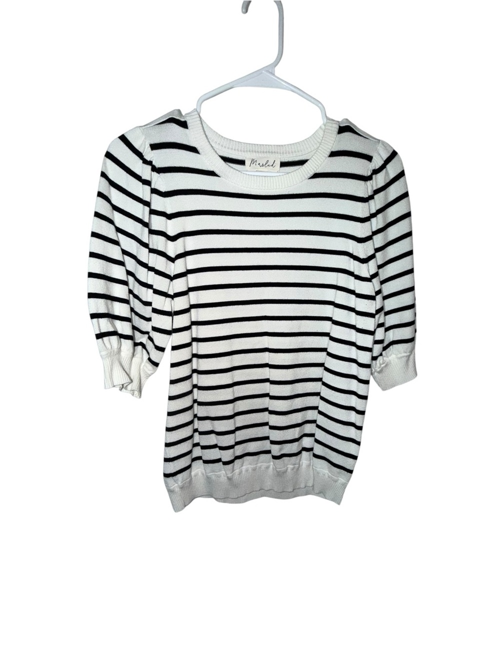 Marled Black & White Striped Short Sleeve Crew Sweater